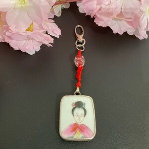 Vintage Geisha Glass Tile Keychain Purse Jewelry Zipper Pull